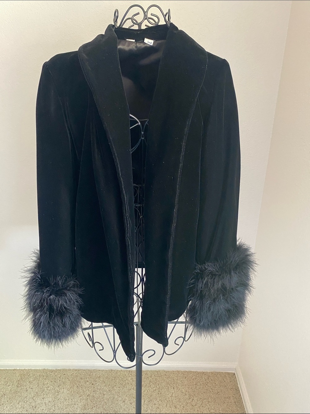 Vintage Black Velvet Jacket with Feather Cuffs